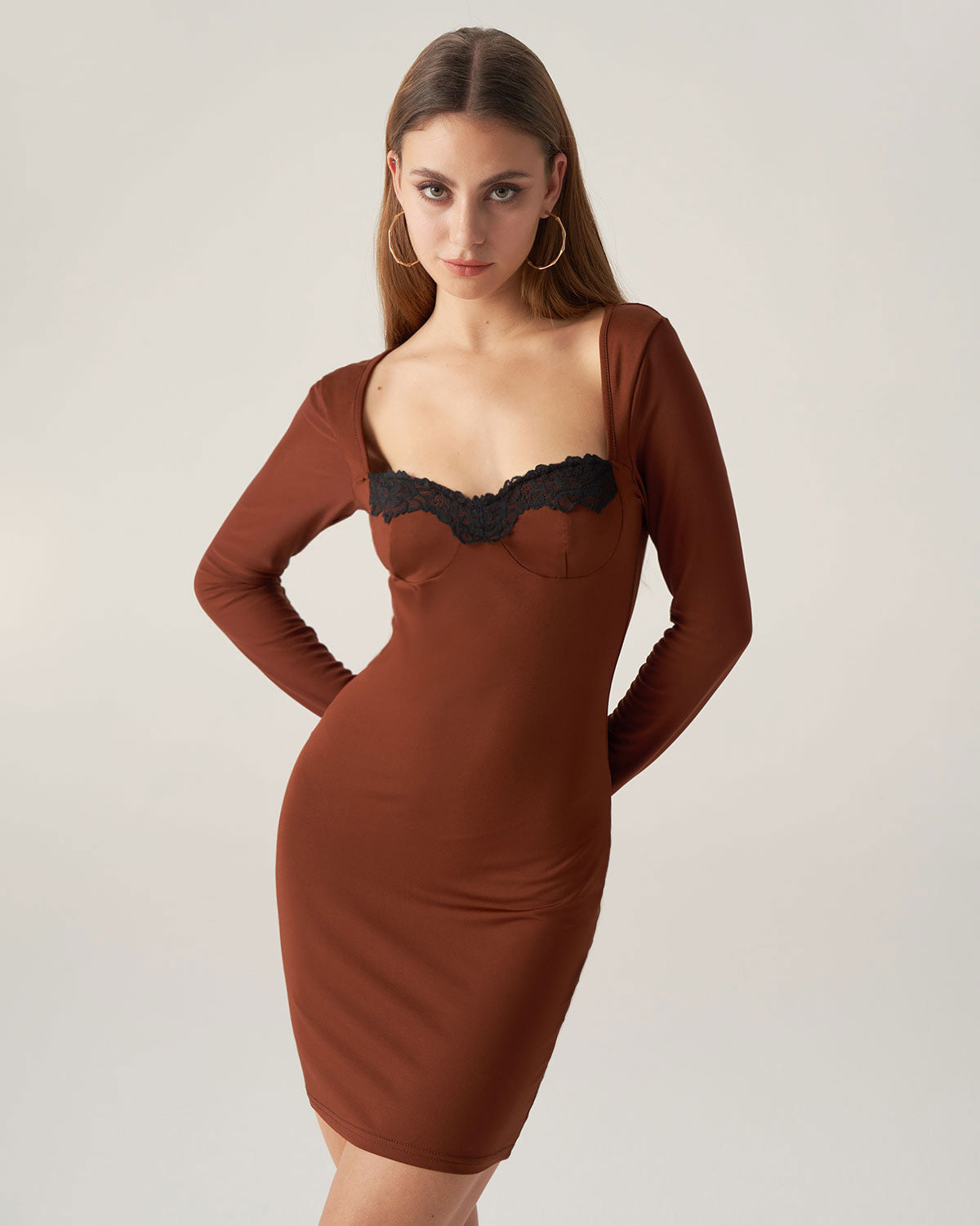 Sueña Bettydress-Kahverengi Dantelli Bodycon Mini Elbise