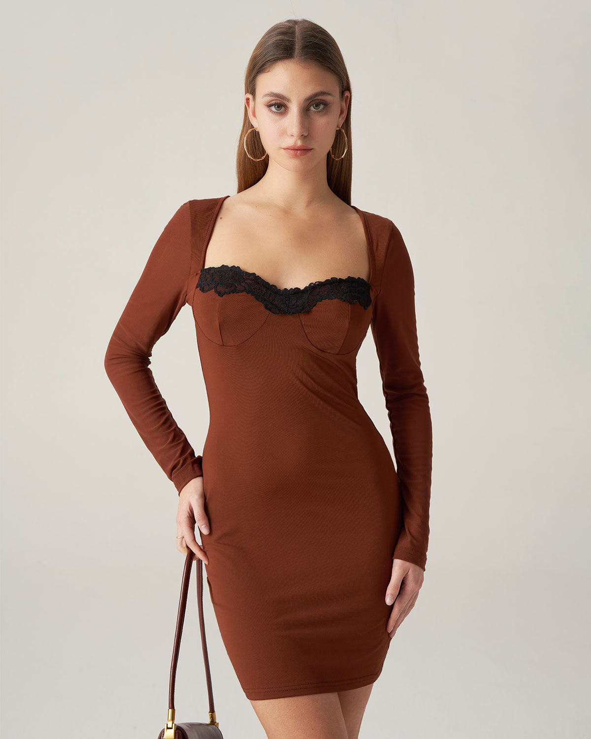 Sueña Bettydress-Kahverengi Dantelli Bodycon Mini Elbise