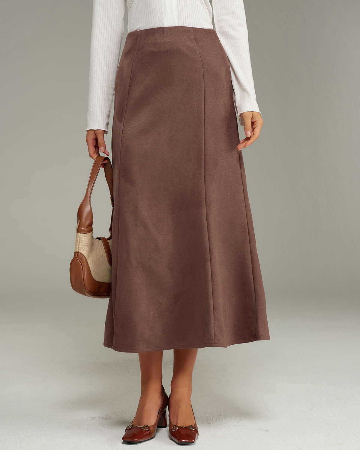 Kahverengi Süet A Kesim Midi Etek