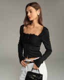 Siyah Kare Yaka Düğmeli İnce Tişört