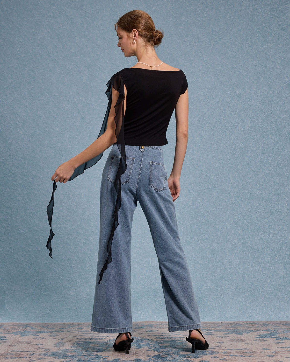 Sueña™ Siyah Ruffle Asimetrik Tişört