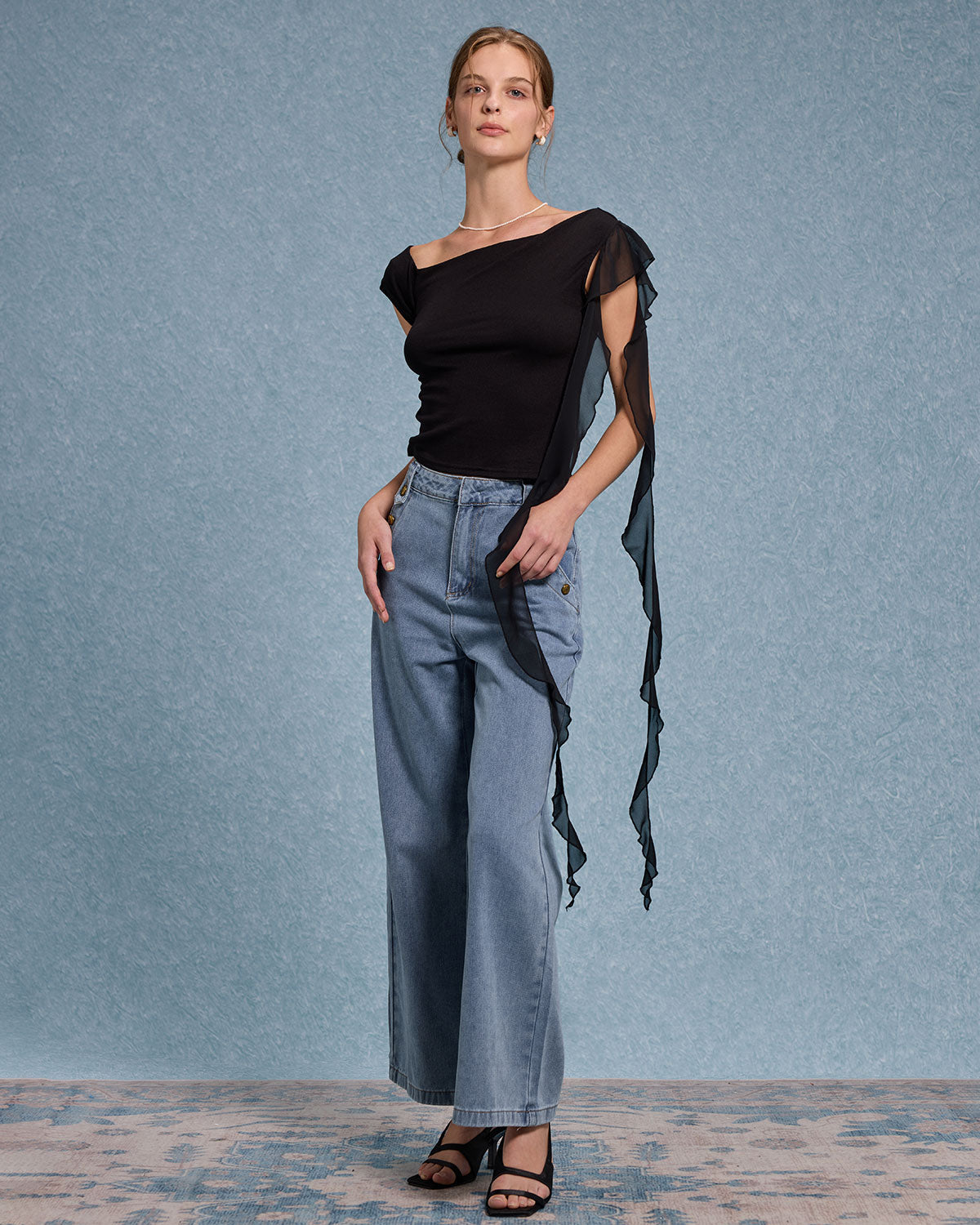 Sueña™ Siyah Ruffle Asimetrik Tişört