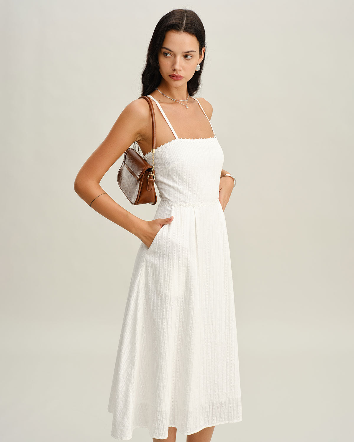 Sueña™ Beyaz Cepli A Kesim Slip Midi Elbise