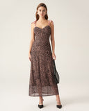 Sueña™ Kahverengi Leopar Kalp Yaka Slip Maxi Elbise