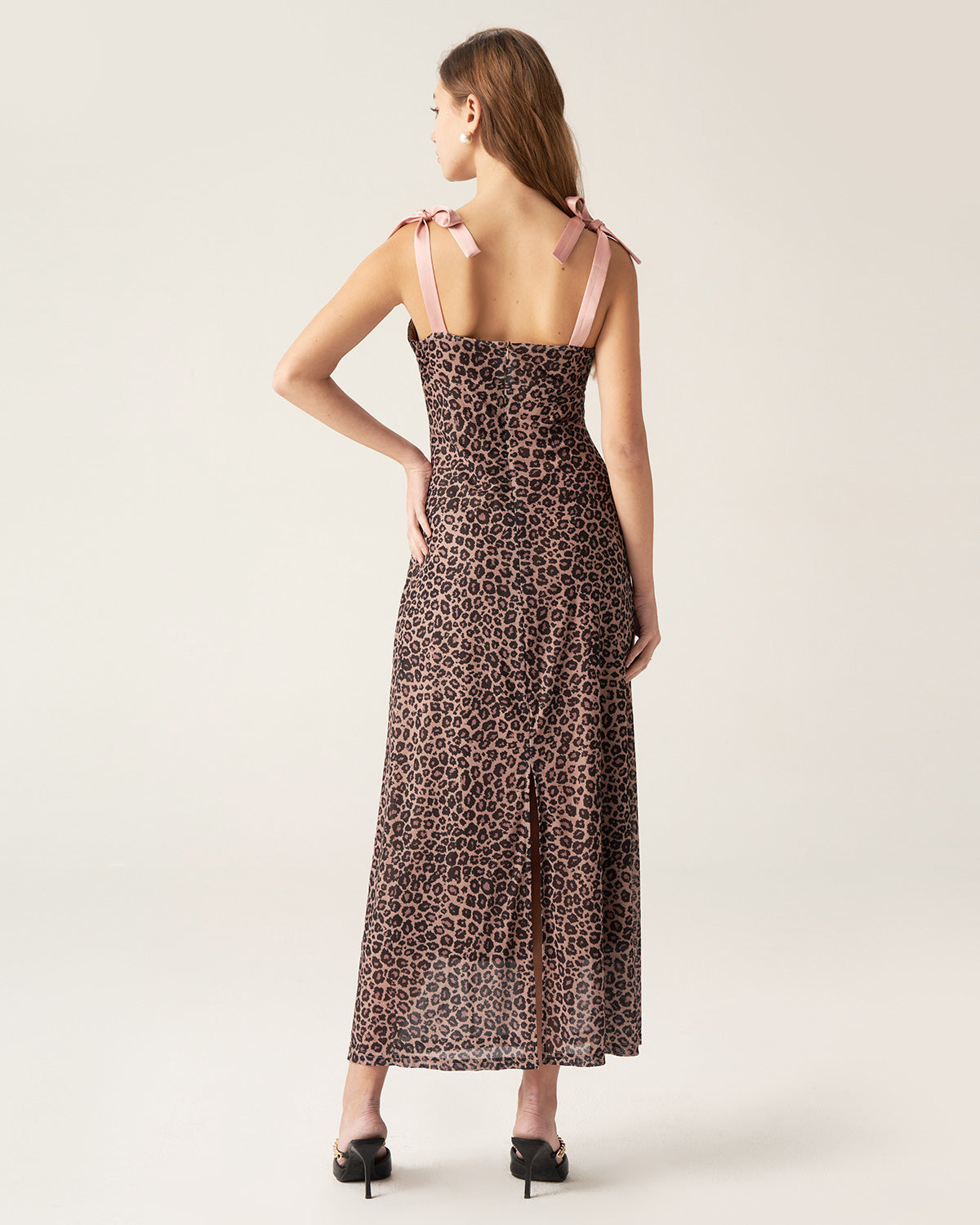 Sueña™ Kahverengi Leopar Kalp Yaka Slip Maxi Elbise