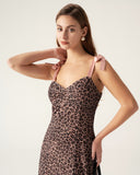 Sueña™ Kahverengi Leopar Kalp Yaka Slip Maxi Elbise