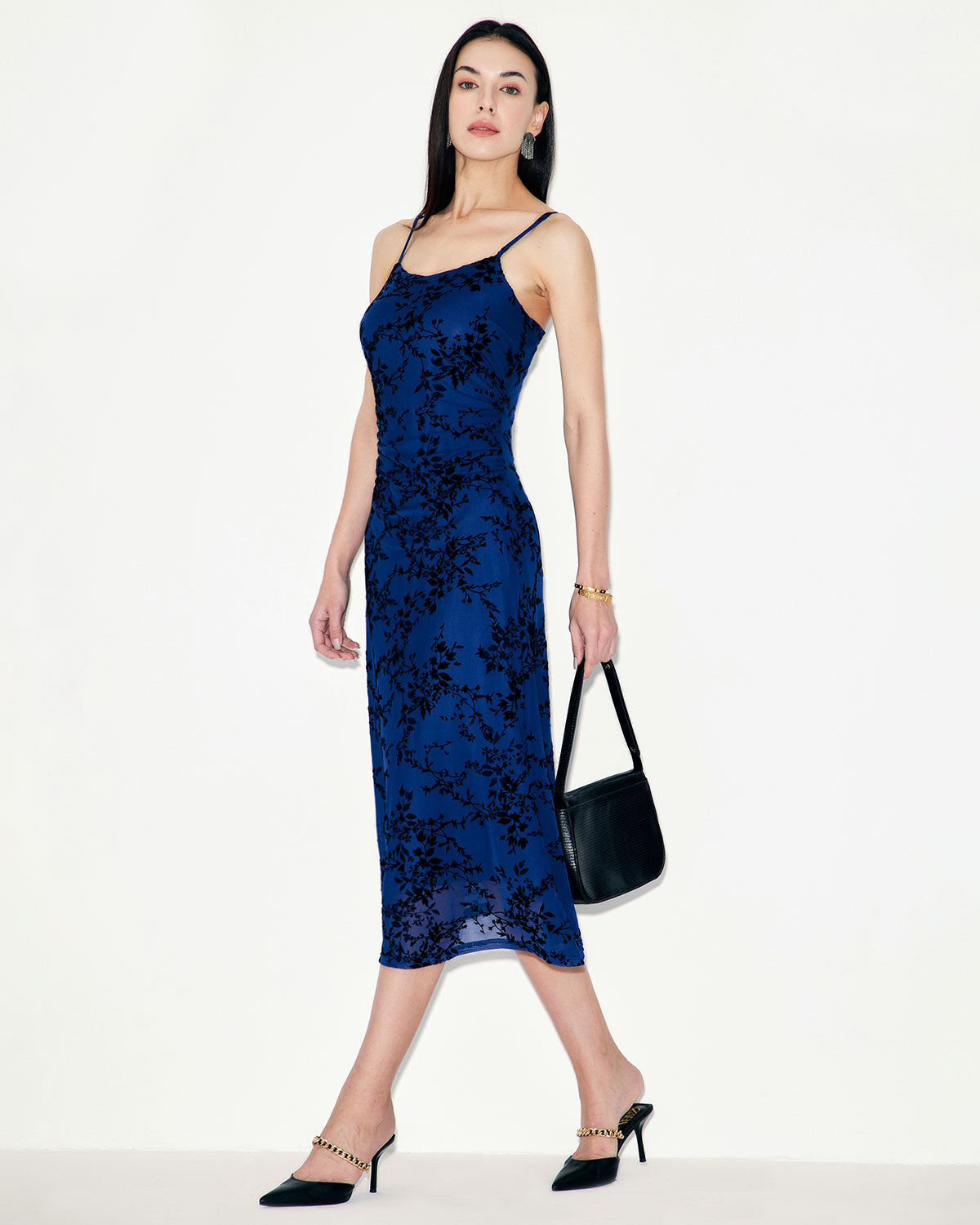 Sueña™ Mavi Çiçekli File Slip Midi Elbise
