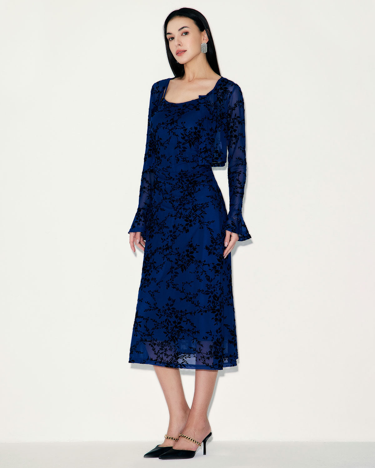 Sueña™ Mavi Çiçekli File Slip Midi Elbise