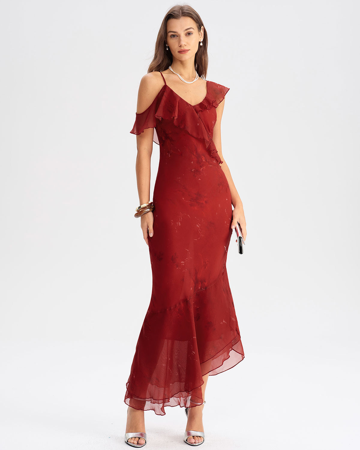 Kırmızı Batik Denizkızı Askılı Uzun Elbise