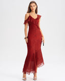 Kırmızı Batik Denizkızı Askılı Uzun Elbise
