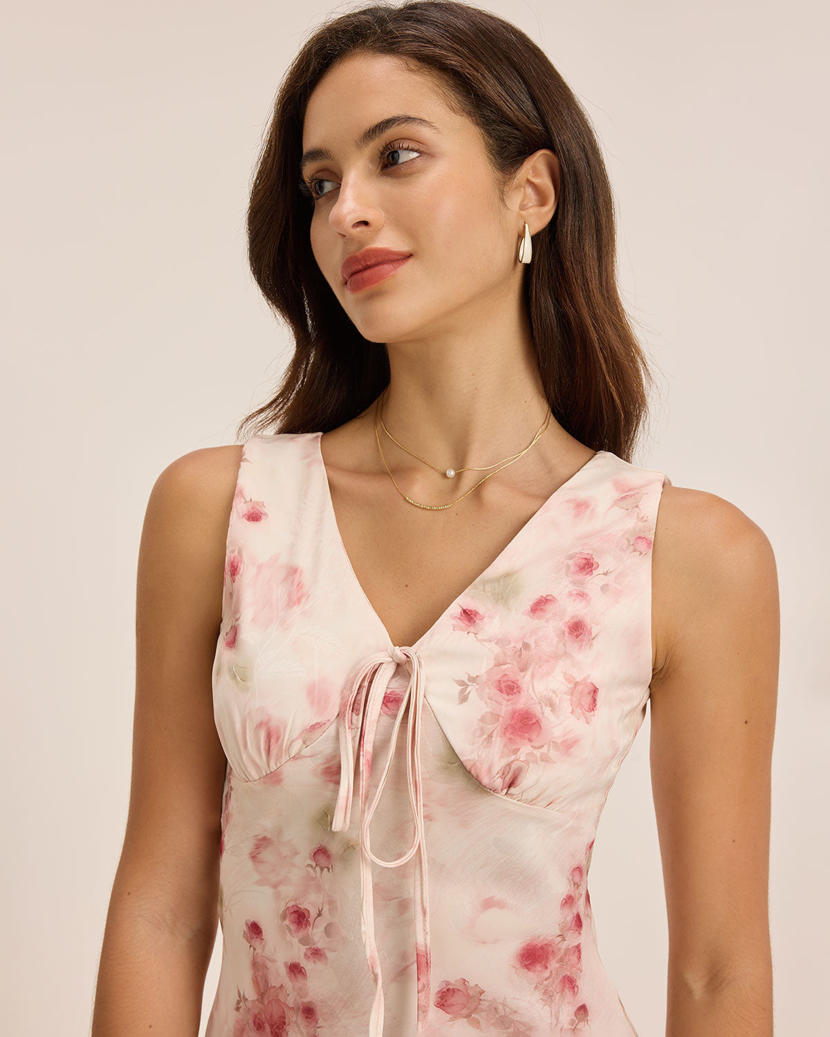Sueña™ Pembe Çiçekli Kıvrımlı Kolsuz Uzun Elbise