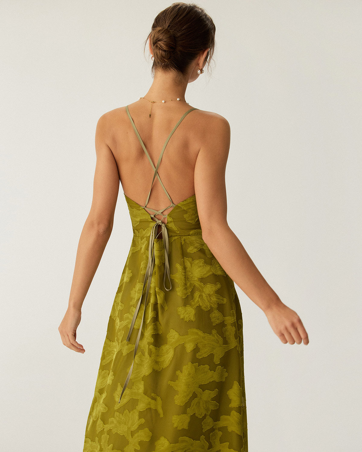 Sueña Yeşil Çiçekli Dantelli Sırtı Açık Slip Maxi Elbise