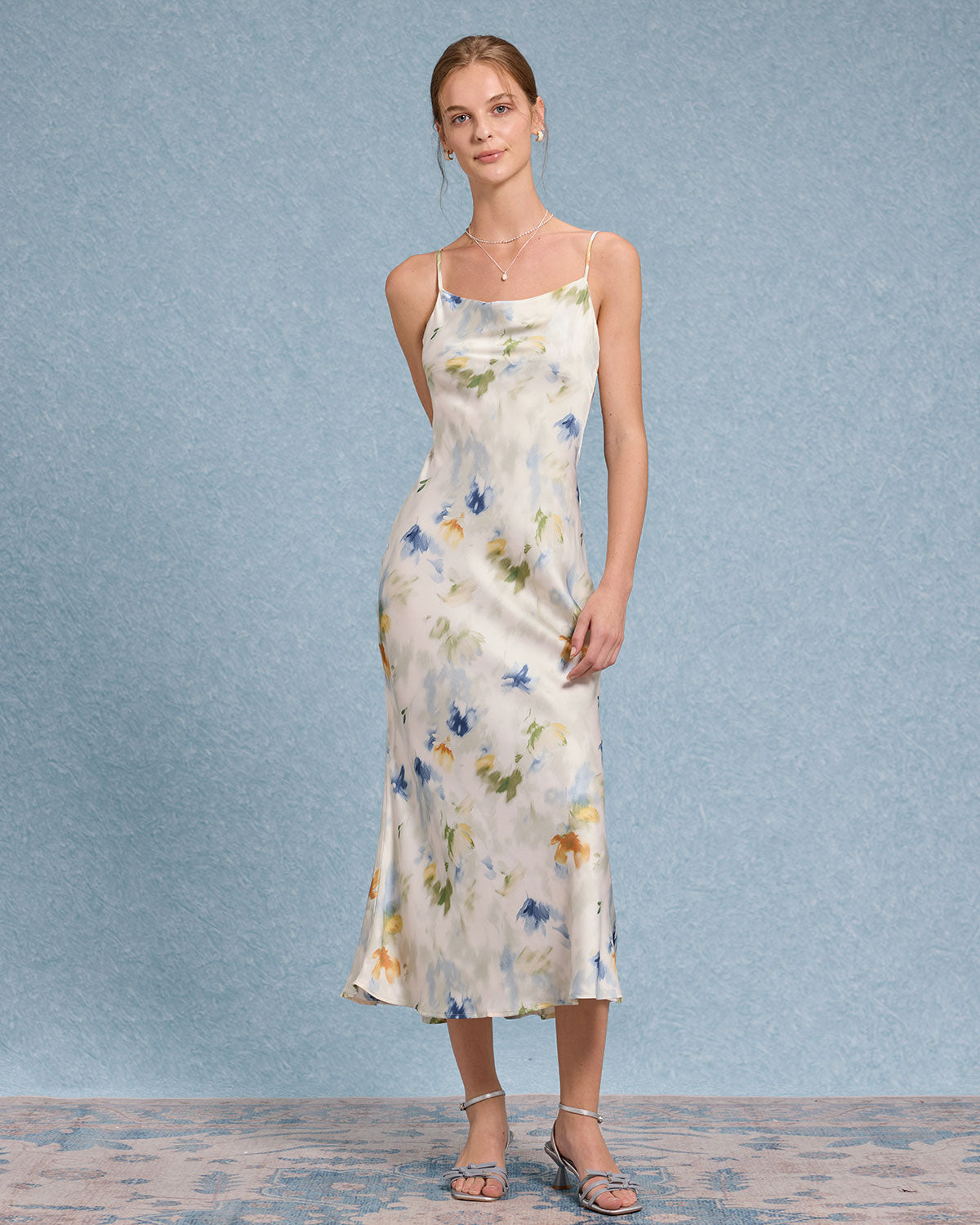 Sueña™ Mavi Çiçekli Denizkızı Slip Midi Elbise