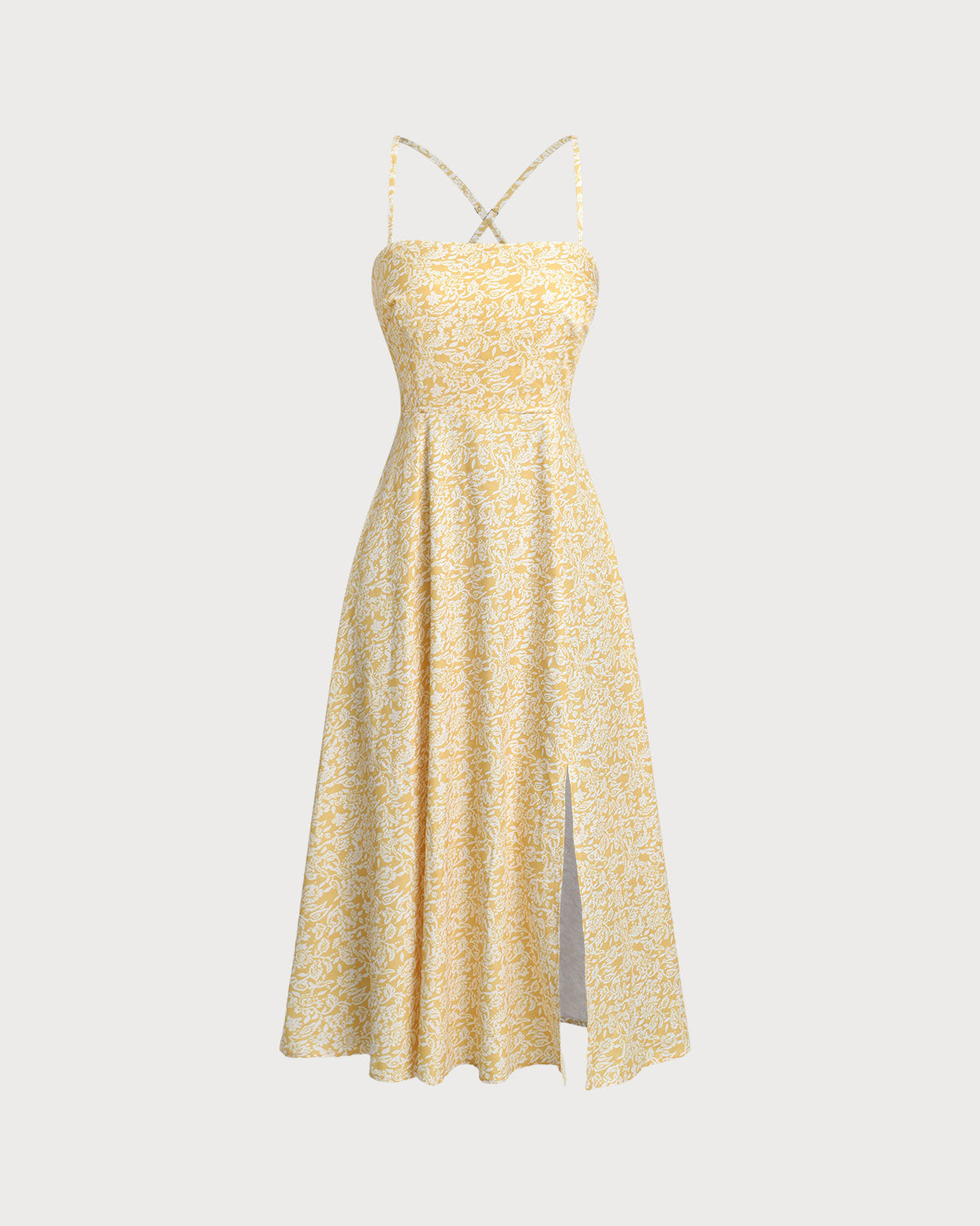 Sueña™ Sarı Çiçekli Sırtı Açık Slip Midi Elbise