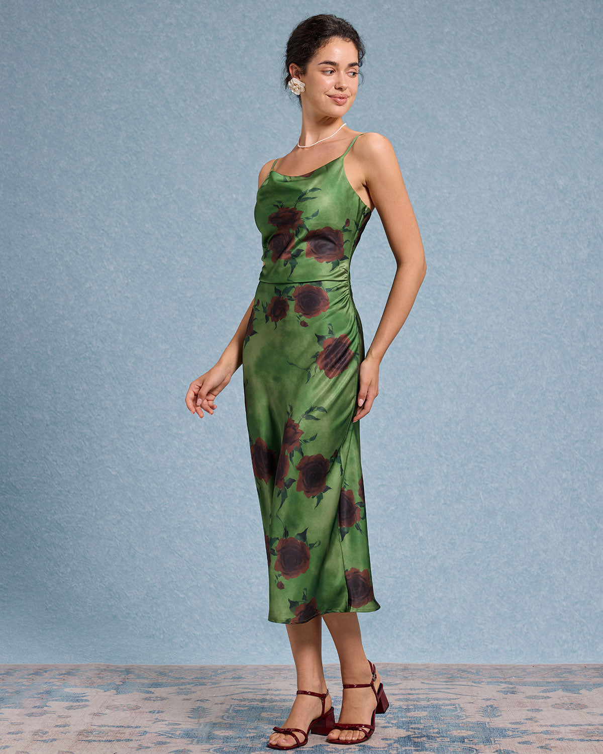 Sueña™ Yeşil Çiçekli Slip Midi Elbise