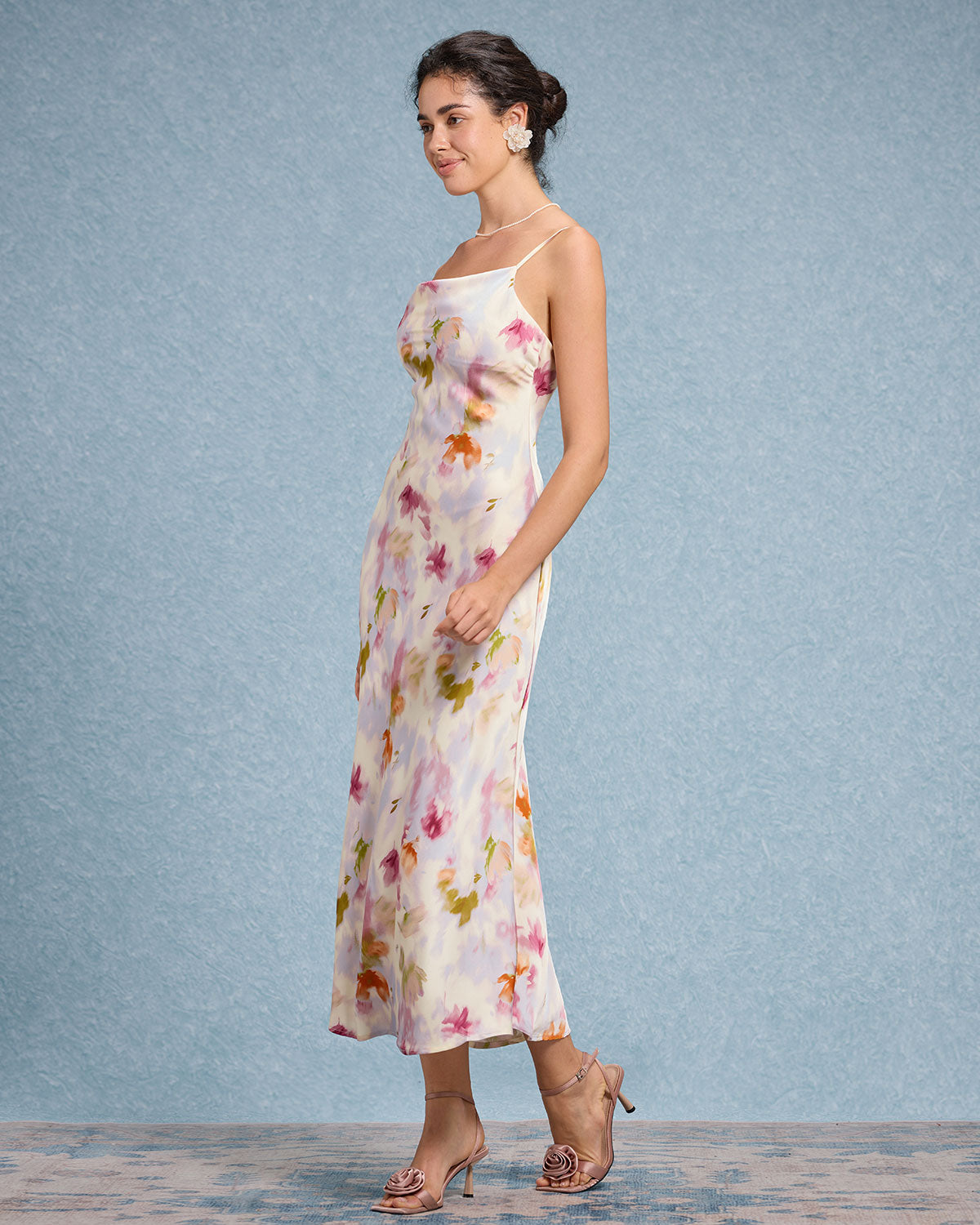 Sueña™ Pembe Çiçekli Denizkızı Slip Midi Elbise