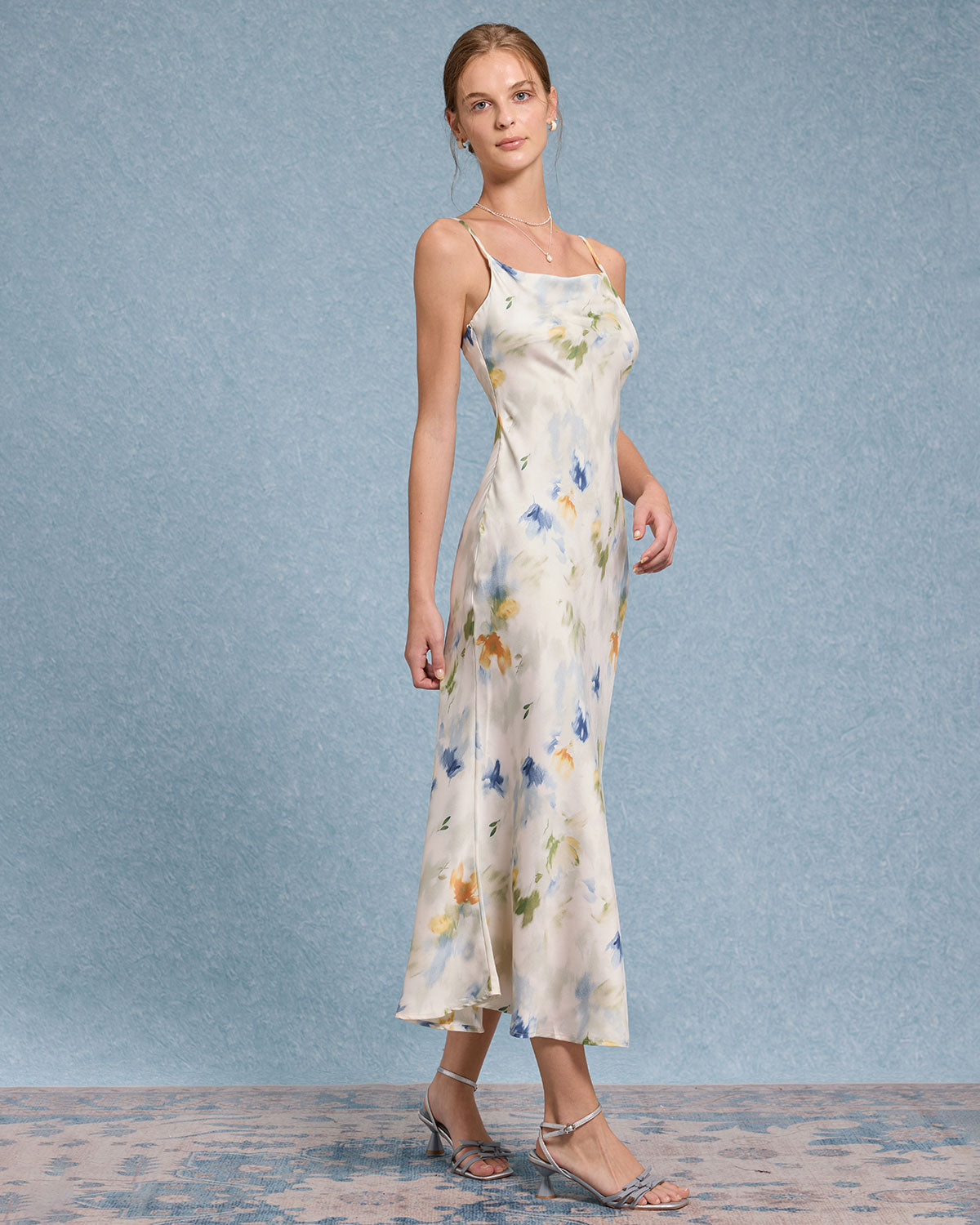 Sueña™ Mavi Çiçekli Denizkızı Slip Midi Elbise