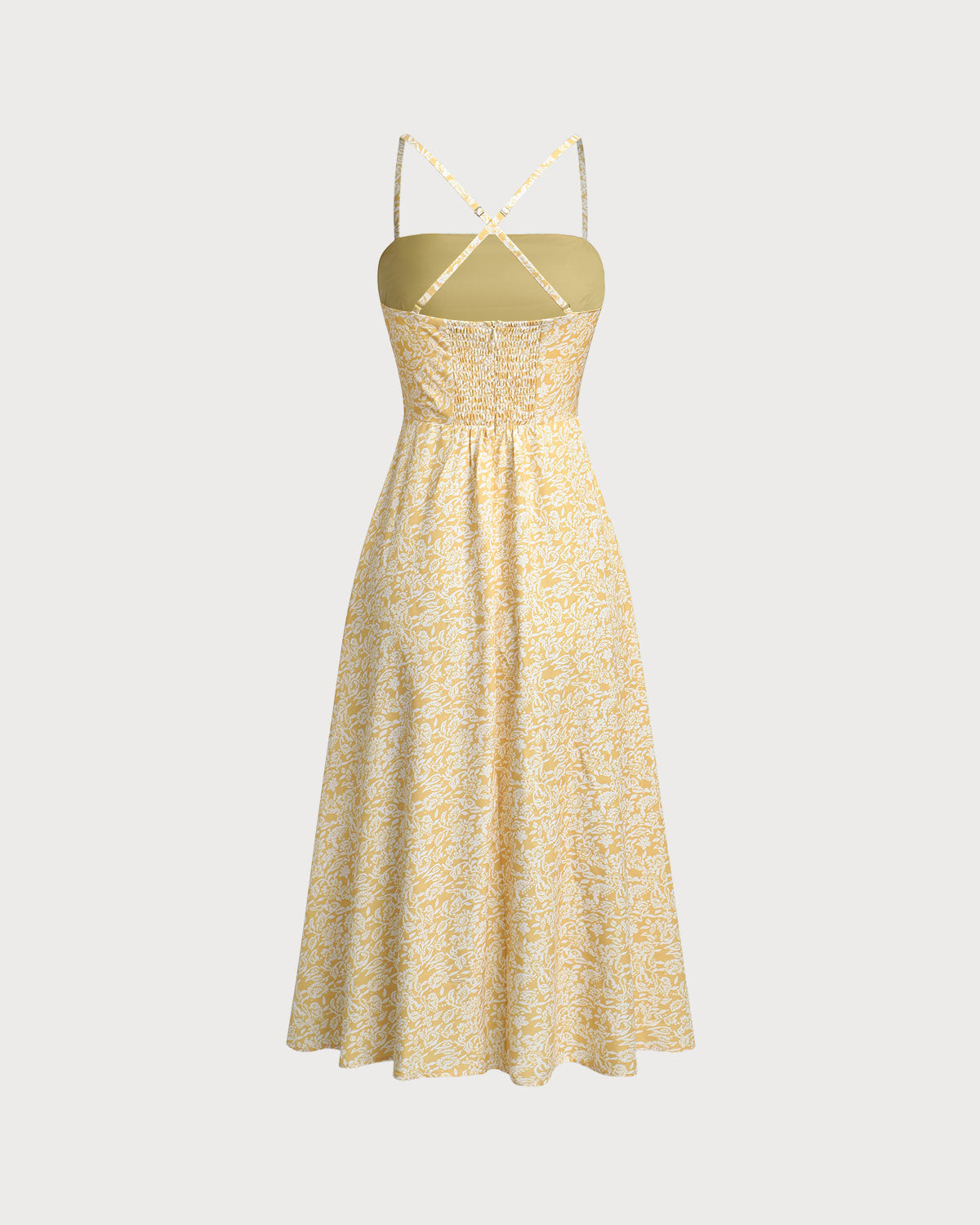Sueña™ Sarı Çiçekli Sırtı Açık Slip Midi Elbise