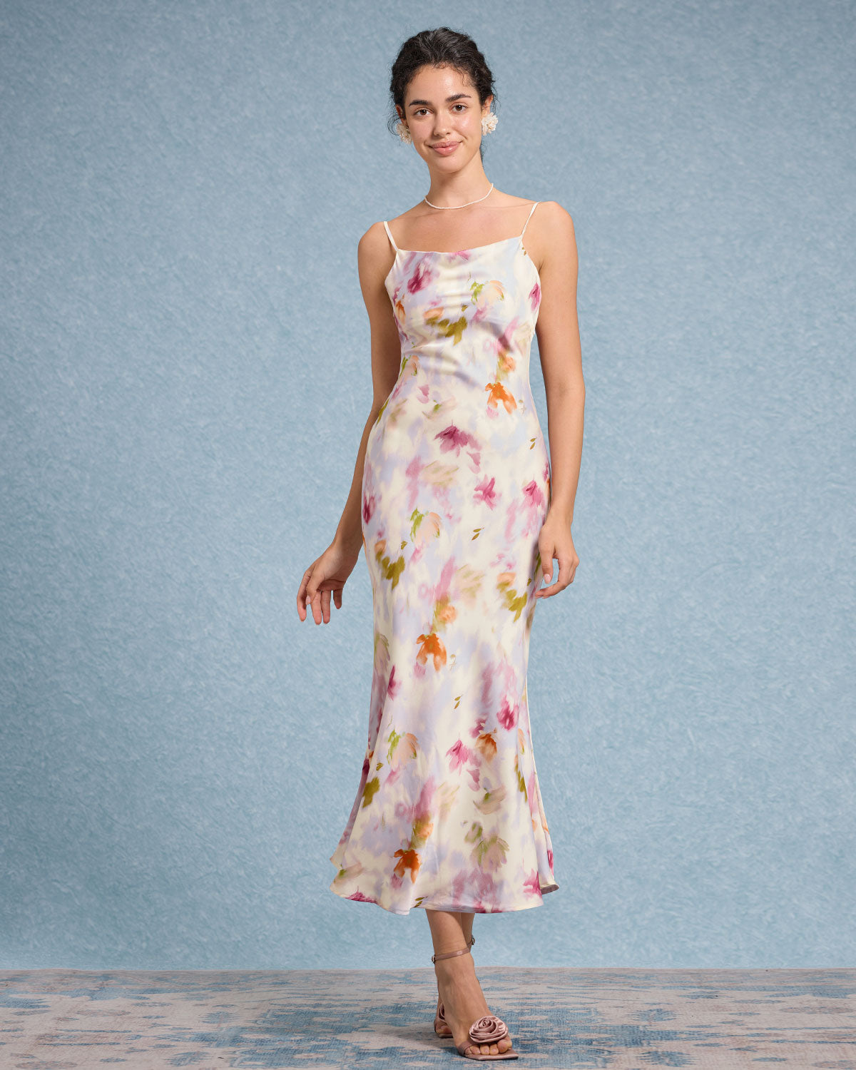 Sueña™ Pembe Çiçekli Denizkızı Slip Midi Elbise