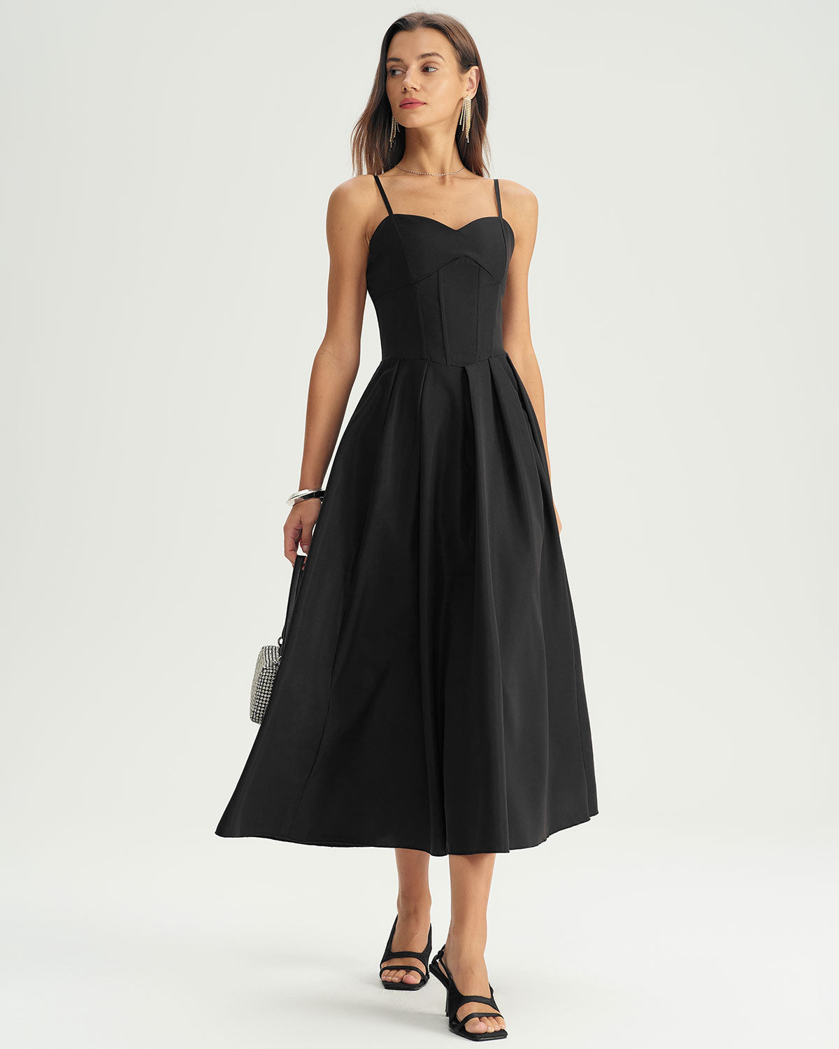 Siyah Pileli Slip Midi Elbise