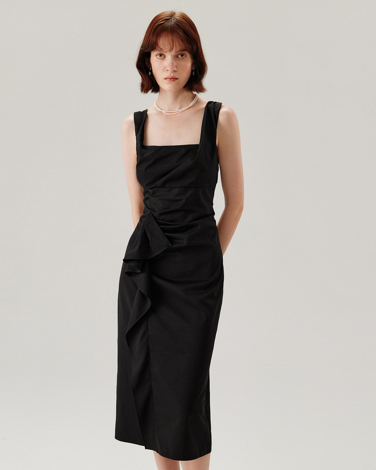 Sueña™ Siyah Fırfırlı Dantelli Slip Midi Elbise