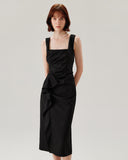 Sueña™ Siyah Fırfırlı Dantelli Slip Midi Elbise