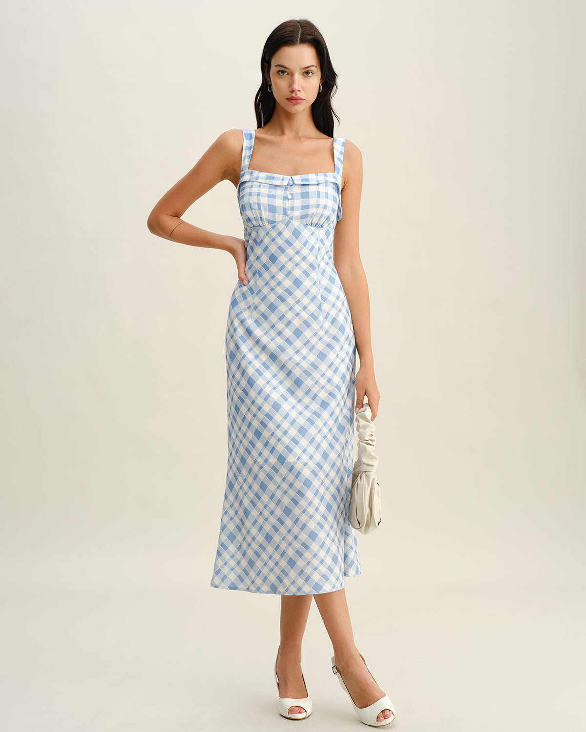 Sueña™ Mavi Ekose Kare Yaka Slip Midi Elbise
