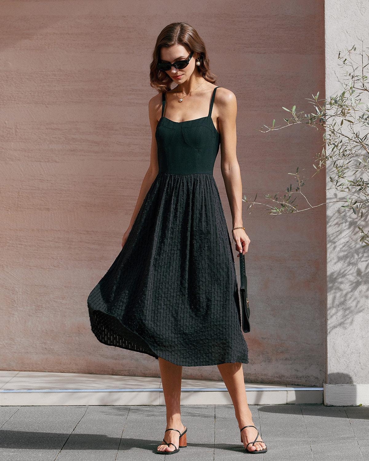 Sueña Siyah Kalp Yaka Slip Midi Elbise