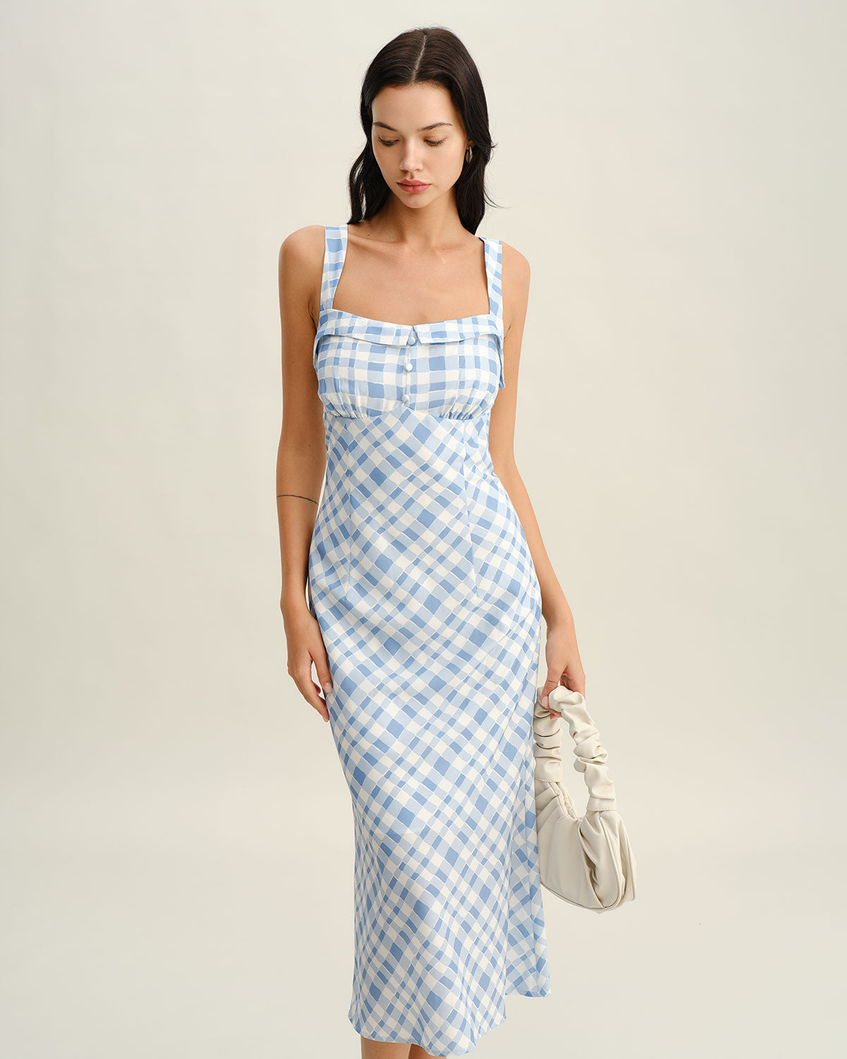 Sueña™ Mavi Ekose Kare Yaka Slip Midi Elbise