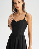 Siyah Pileli Slip Midi Elbise