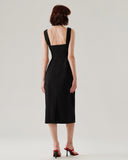 Sueña™ Siyah Fırfırlı Dantelli Slip Midi Elbise