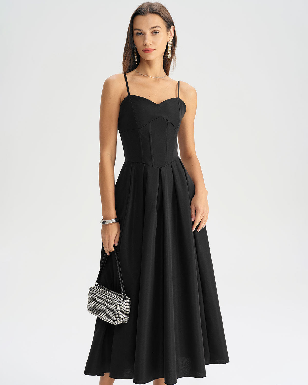 Siyah Pileli Slip Midi Elbise