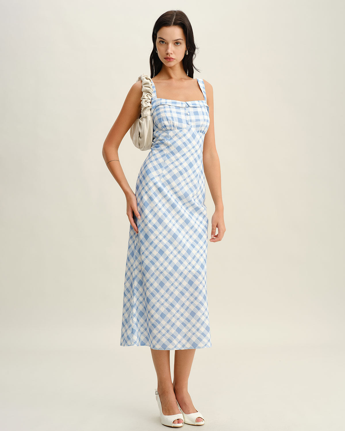 Sueña™ Mavi Ekose Kare Yaka Slip Midi Elbise