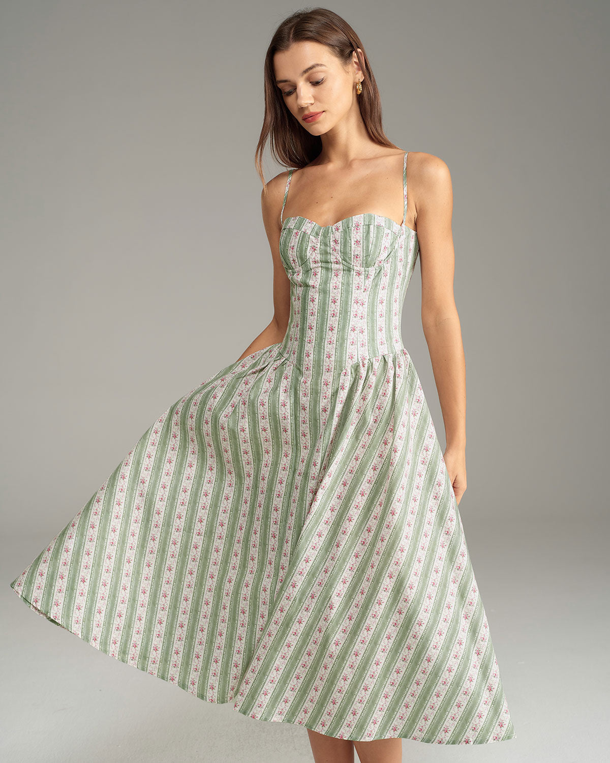 Yeşil Çizgili Slip Midi Elbise