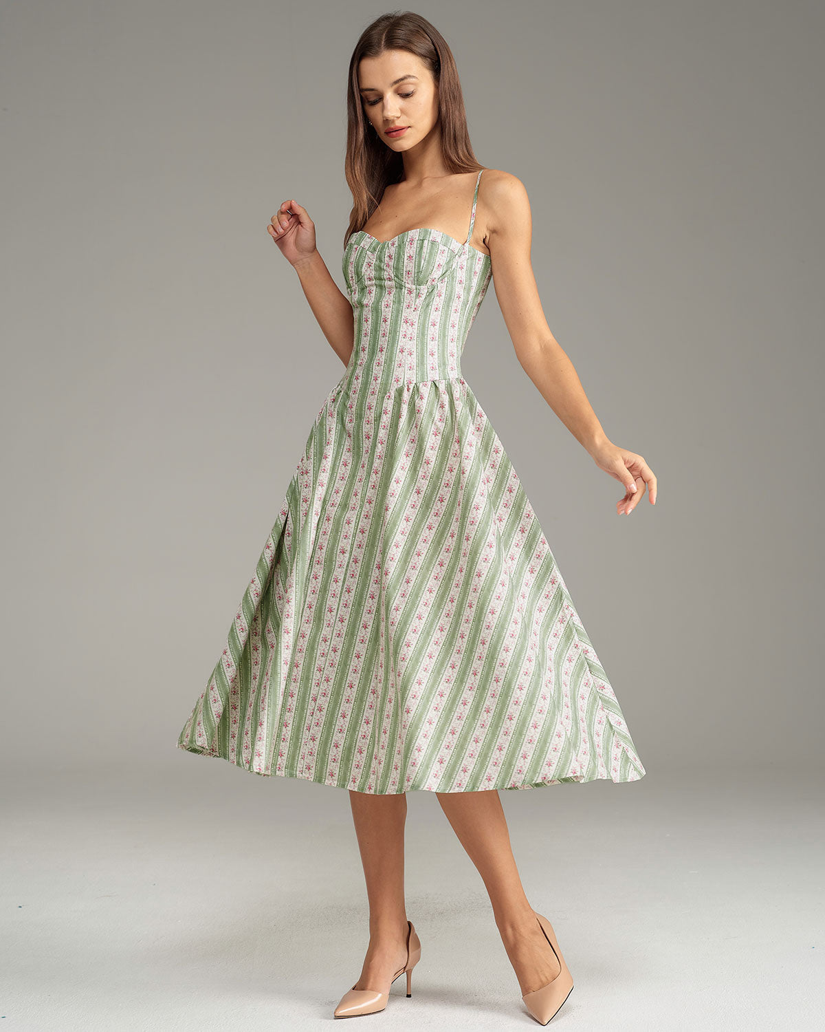 Yeşil Çizgili Slip Midi Elbise