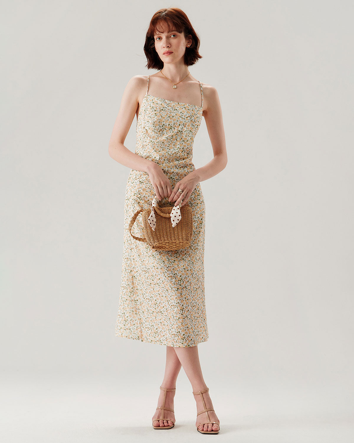 Sueña™ Sarı Çiçekli Dantelli Slip Midi Elbise
