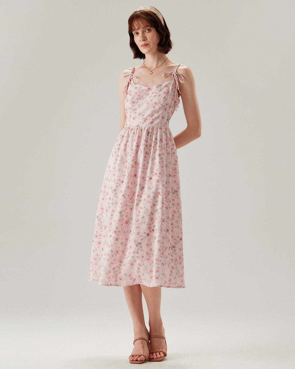 Sueña™ Pembe Çiçekli Büzgülü Slip Midi Elbise