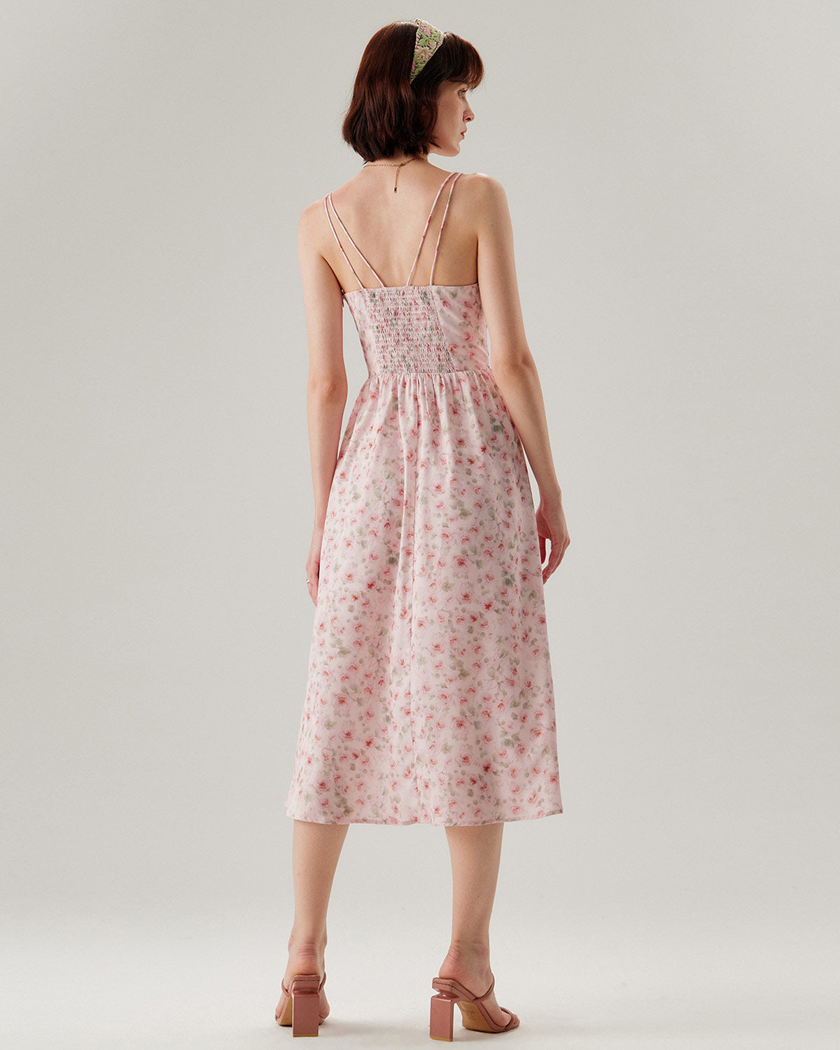Sueña™ Pembe Çiçekli Büzgülü Slip Midi Elbise