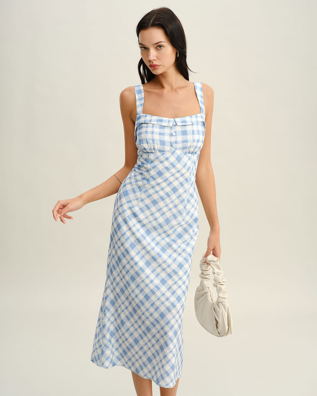 Sueña™ Mavi Ekose Kare Yaka Slip Midi Elbise