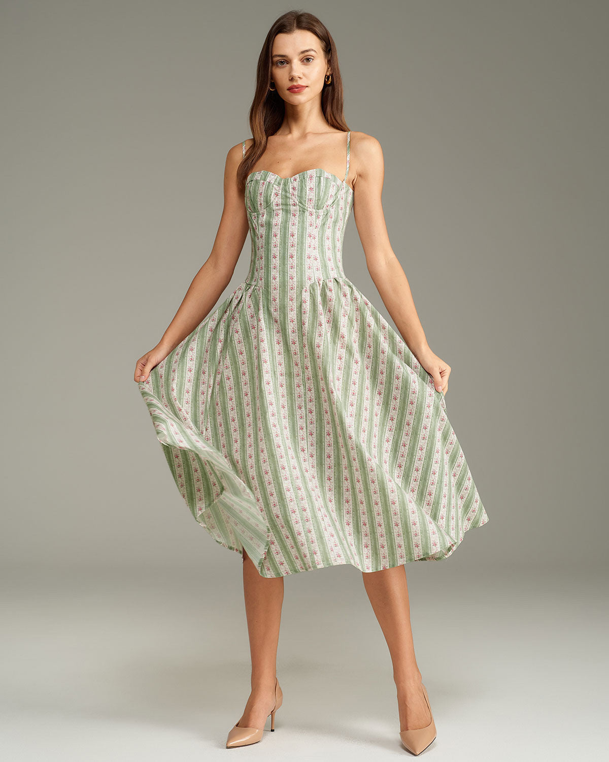 Yeşil Çizgili Slip Midi Elbise