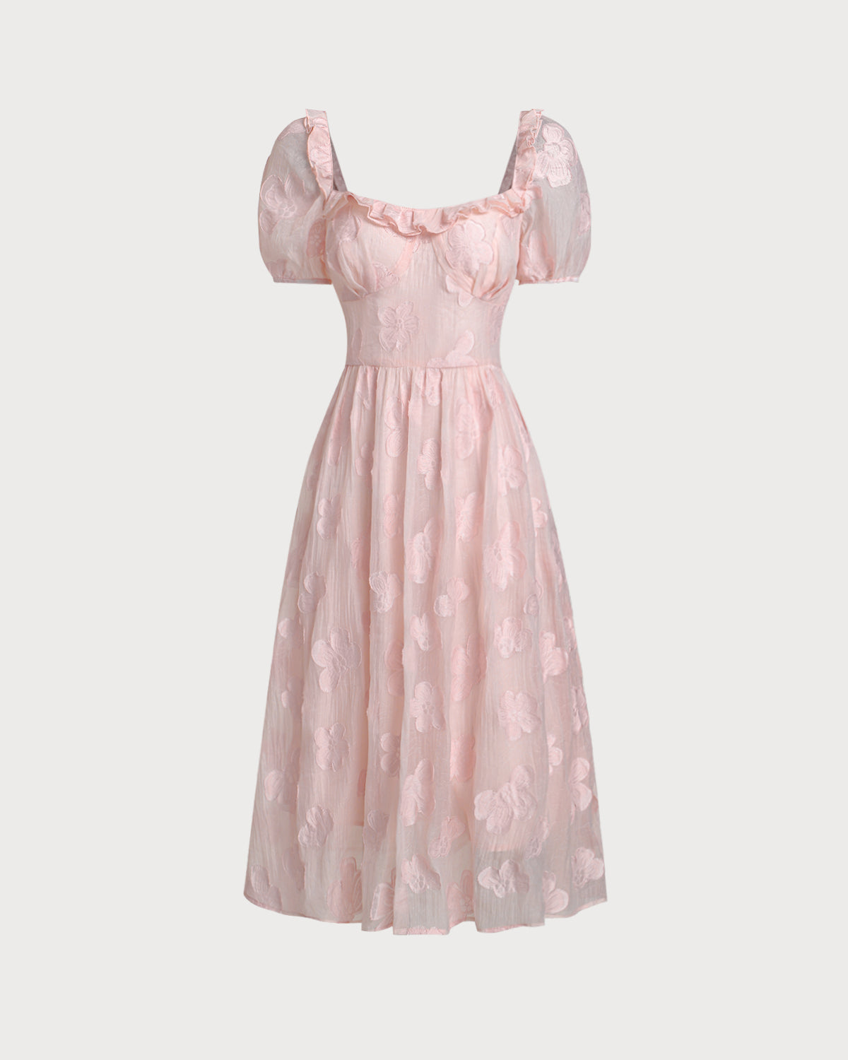 Sueña™ Pembe Kare Yaka Kabarık Kollu Midi Elbise