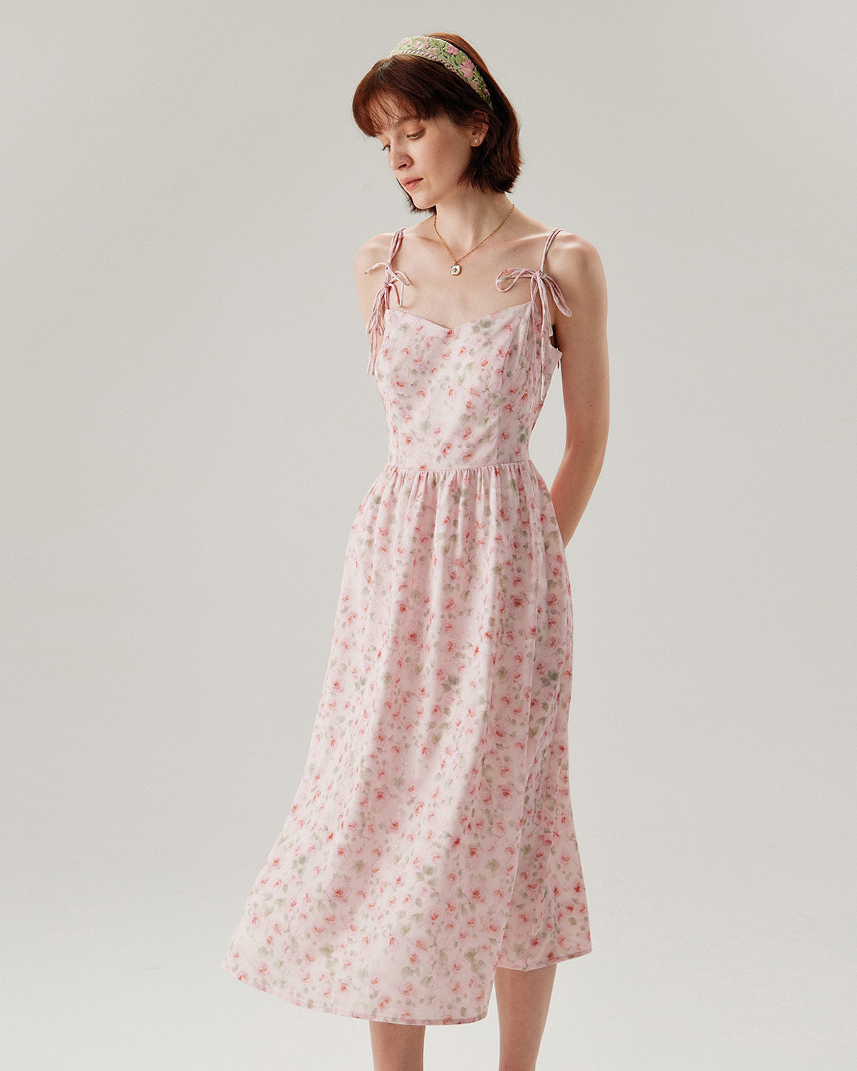 Sueña™ Pembe Çiçekli Büzgülü Slip Midi Elbise