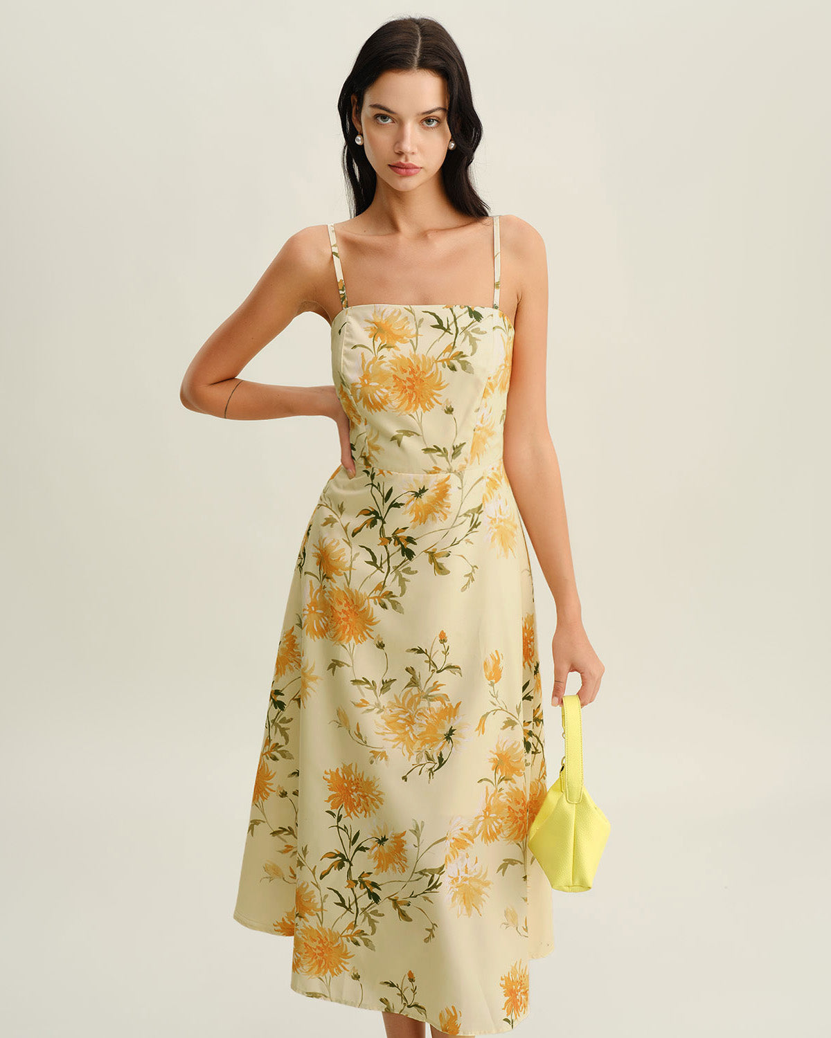 Sueña™ Sarı Çiçekli Büzgülü Slip Midi Elbise