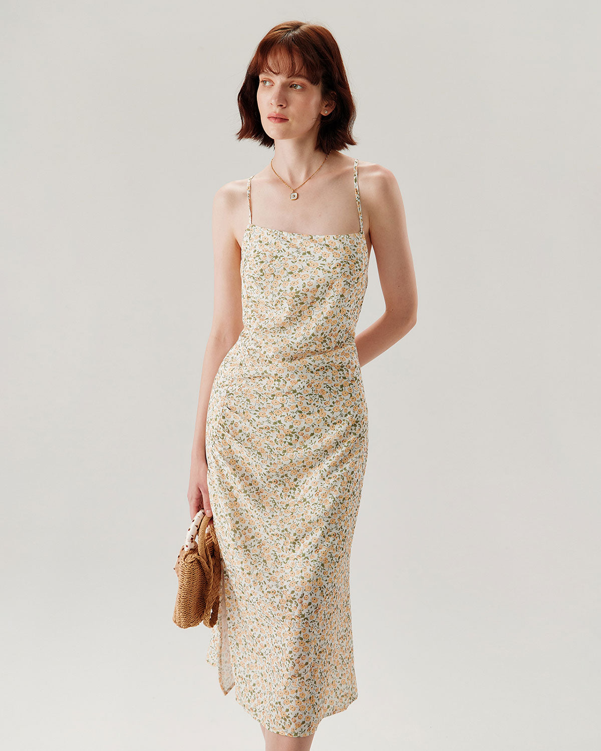 Sueña™ Sarı Çiçekli Dantelli Slip Midi Elbise