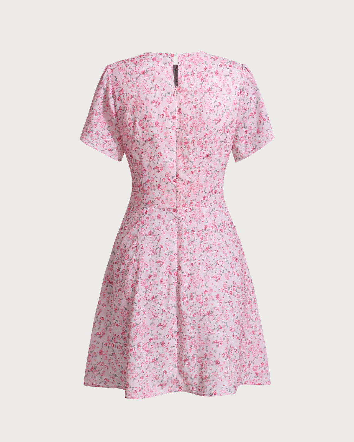 Sueña™ Pembe Çiçekli Yuvarlak Yaka Pileli Mini Elbise