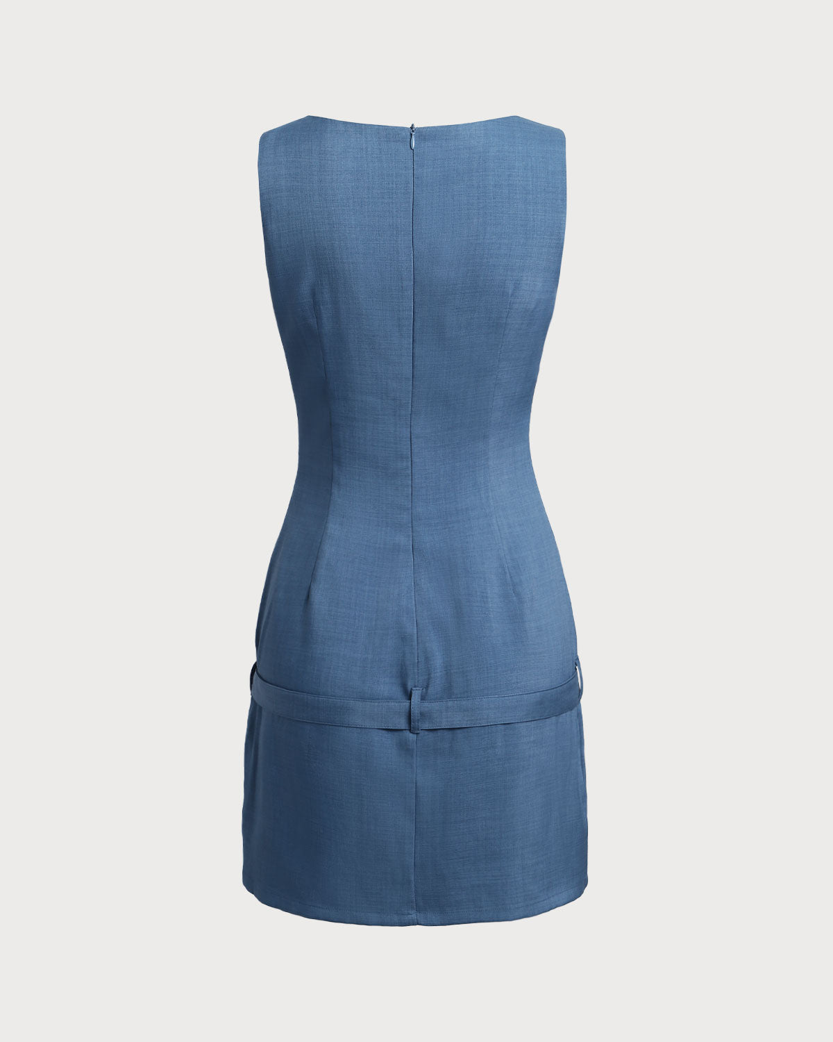 Sueña™ Mavi Kayık Yaka Kemerli Mini Elbise