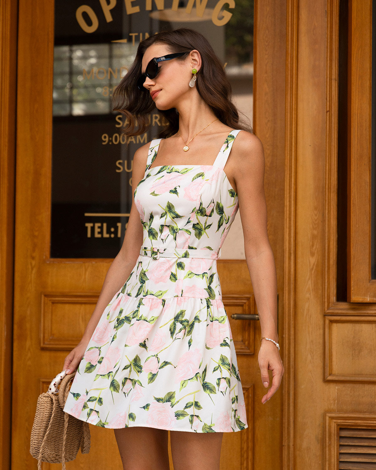 Sueña Pembe Çiçekli Dantelli Kuşaklı Slip Mini Elbise