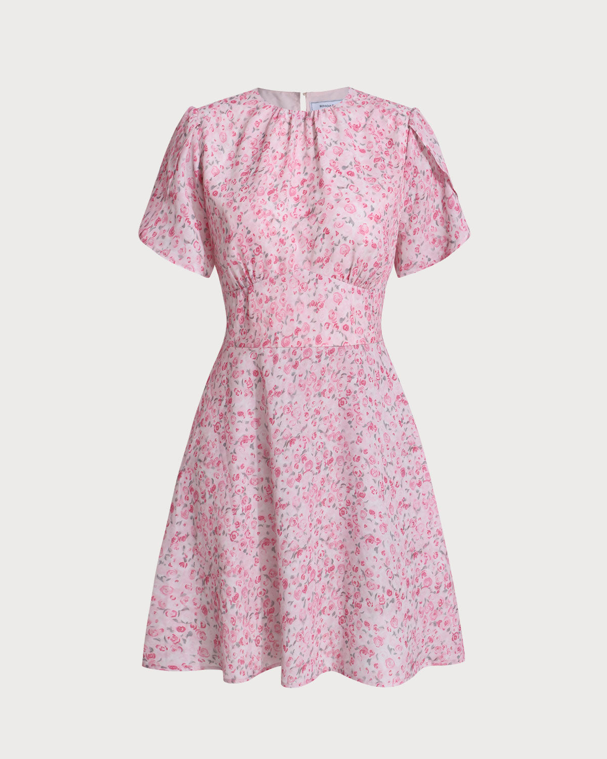 Sueña™ Pembe Çiçekli Yuvarlak Yaka Pileli Mini Elbise