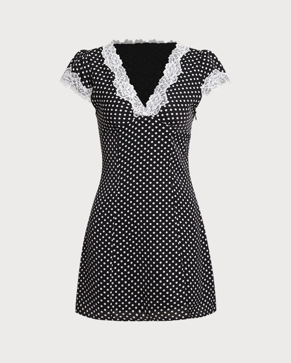 Sueña™ Siyah Polka Dot V Yaka Dantel Mini Elbise