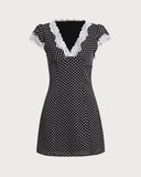 Sueña™ Siyah Polka Dot V Yaka Dantel Mini Elbise
